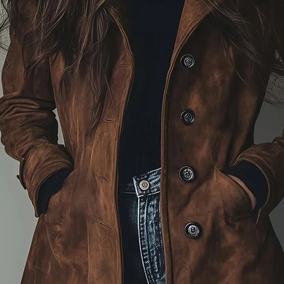 Brown Faux Suede Notch Lapel Knee Length Coat - Picture 5 of 6